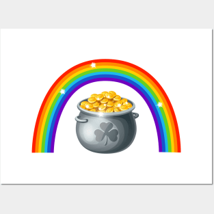 St Patricks Day Rainbow with Pot of Gold and Lucky Shamrock Design Posters and Art